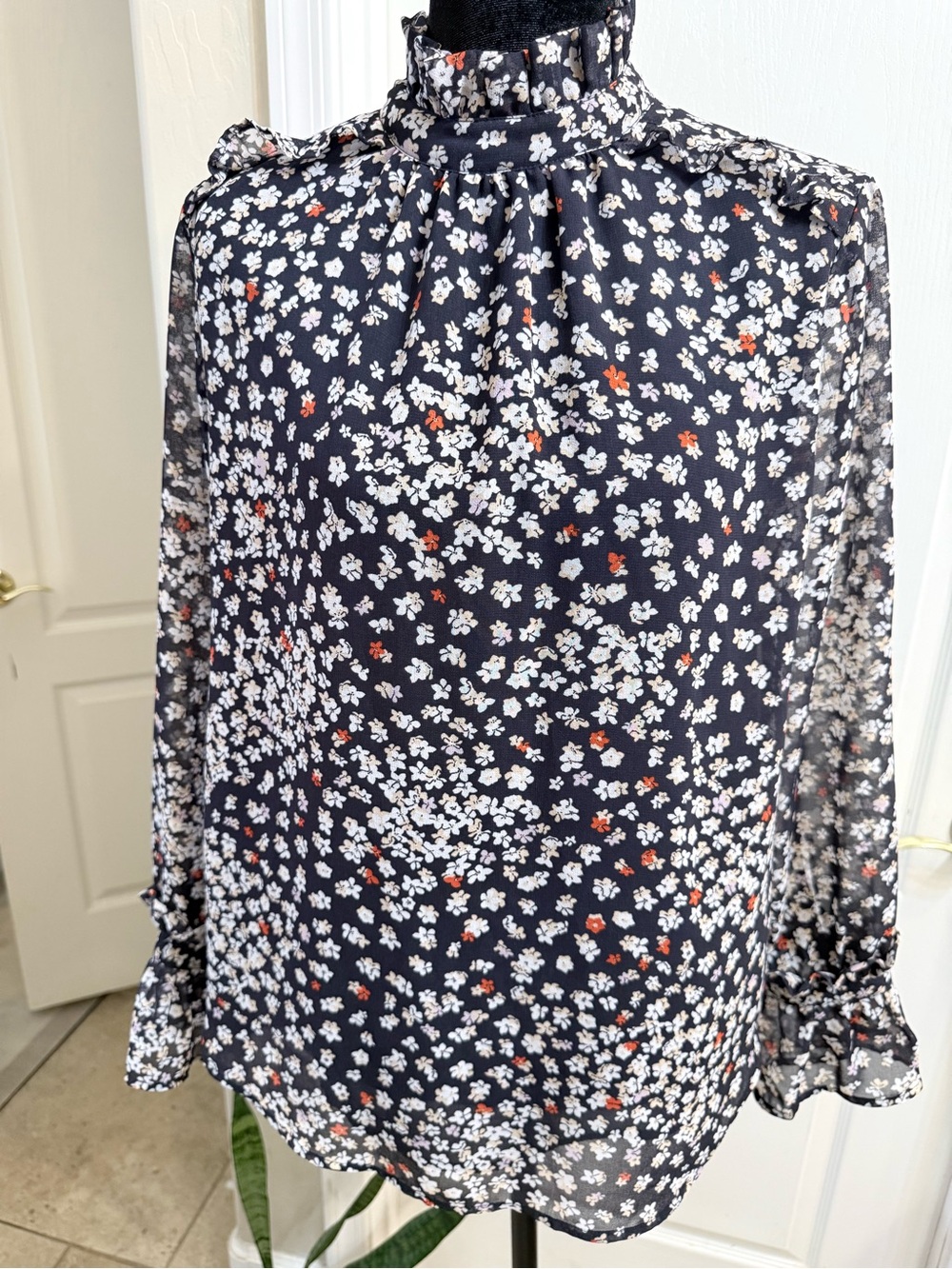 Ann Taylor Black Floral Print Ruffle Neck Blouse